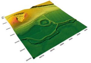 WYSZONOWICE,cieniowany model reliefu otoczenia stanowiska (oprac. M. Legut-Pintal, P. Rajski, Katalog Zamków i Dworów Obronnych Śląska [https://zamki.pwr.edu.pl/]. Licencja: CC BY-SA 4.0 [https://creativecommons.org/licenses/by-nc/4.0/])