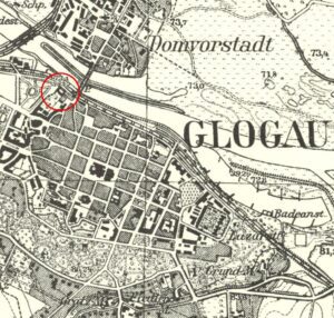 GŁOGÓW, fragment mapy Messtischblatt z lokalizacją obiektu (oprac. P. Błoniewski)