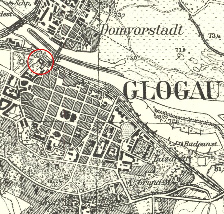 GŁOGÓW, fragment mapy Messtischblatt z lokalizacją obiektu (oprac. P. Błoniewski)