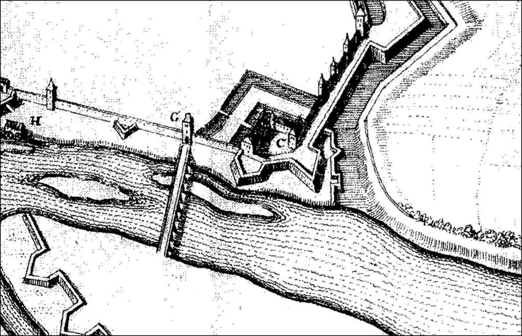GŁOGÓW, panoramiczny widok zamku od strony północnej wg ryciny z M. Meriana z 1650 r. (za Dymytryczyn 1997)