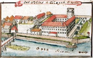 GŁOGÓW, widok zamku od strony północnej wg F.B. Wernera z połowy XVIII w.