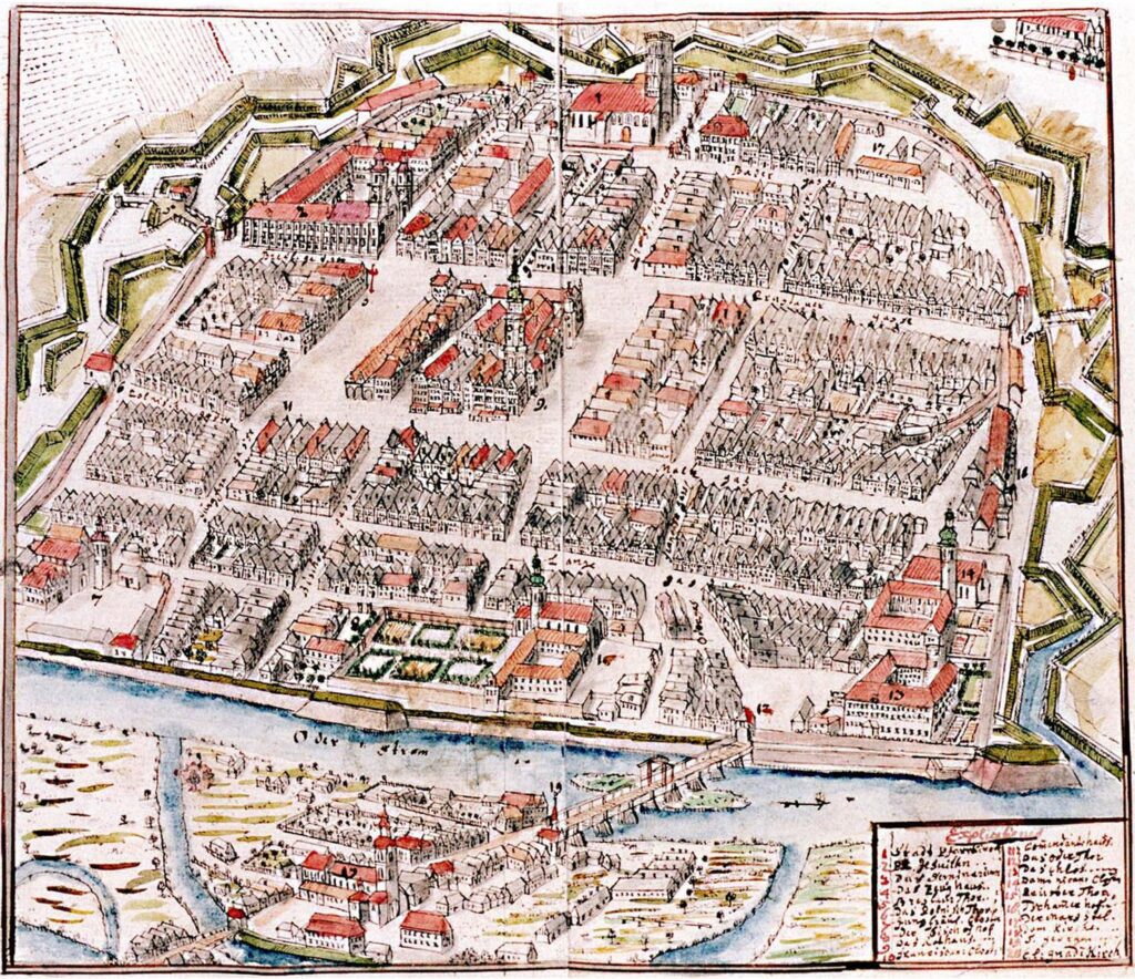 GŁOGÓW, panoramiczny widok miasta od strony północnej wg F.B. Wernera z połowy XVIII w.