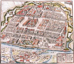 GŁOGÓW, panoramiczny widok miasta od strony północnej wg F.B. Wernera z połowy XVIII w.