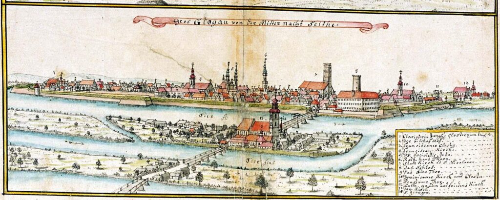 GŁOGÓW, widok miasta i Ostrowa Tumskiego od strony północnej wg F.B. Wernera z połowy XVIII w.