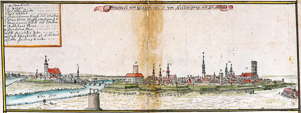 GŁOGÓW, widok miasta i Ostrowa Tumskiego od strony zachodniej wg F.B. Wernera z połowy XVIII w.