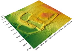 GRZĘDY, cieniowany model reliefu otoczenia stanowiska (oprac. M. Legut-Pintal, P. Rajski, Katalog Zamków i Dworów Obronnych Śląska [https://zamki.pwr.edu.pl/]. Licencja: CC BY-SA 4.0 [https://creativecommons.org/licenses/by-nc/4.0/])