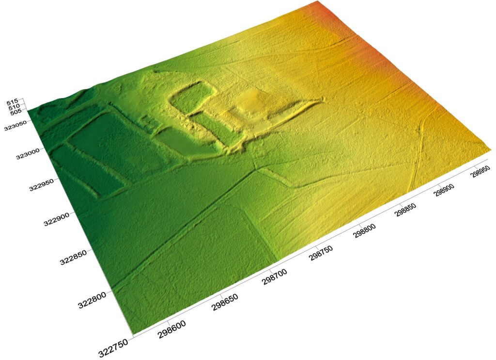 GRZĘDY,cieniowany model reliefu otoczenia stanowiska (oprac. M. Legut-Pintal, P. Rajski, Katalog Zamków i Dworów Obronnych Śląska [https://zamki.pwr.edu.pl/]. Licencja: CC BY-SA 4.0 [https://creativecommons.org/licenses/by-nc/4.0/])