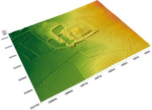 GRZĘDY,cieniowany model reliefu otoczenia stanowiska (oprac. M. Legut-Pintal, P. Rajski, Katalog Zamków i Dworów Obronnych Śląska [https://zamki.pwr.edu.pl/]. Licencja: CC BY-SA 4.0 [https://creativecommons.org/licenses/by-nc/4.0/])