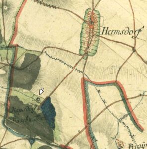 KOWALÓW, fragment mapy L.W. Relera z lat 1764-1770 z lokalizacją folwarku, lasu i stawu Kapsdorf (SBB, Preußischer Kulturbesitz, sygn. 15140, Blatt 72)