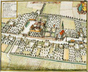 MICHAŁÓW, widok wsi i dworu wg ryciny F.B. Wernera z połowy XVIII w.