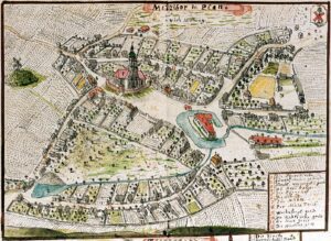 MIĘDZYBÓRZ, widok panoramiczny wsi i dworu wg ryciny F.B. Wernera z połowy XVIII w.