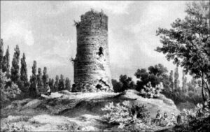 PRZEWÓZ, widok wieży zamkowej wg ryciny z poł XIX w. (za: Leipelt, von Schatzberg 1850)