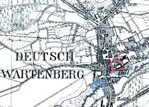 OTYŃ, fragment mapy Messtischblatt z lokalizacją obiektu