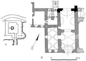 OTYŃ, schematyczny plan klasztoru oraz przyziemia budynku bramnego z reliktami murów gotyckich i renesansowych (za: Radacki 1958)