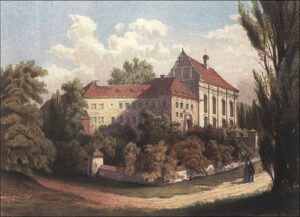 OTYŃ, widok klasztoru od strony południowo-zachodniej wg ryciny z połowy XIX w. (za: Duncker I, s. 5)