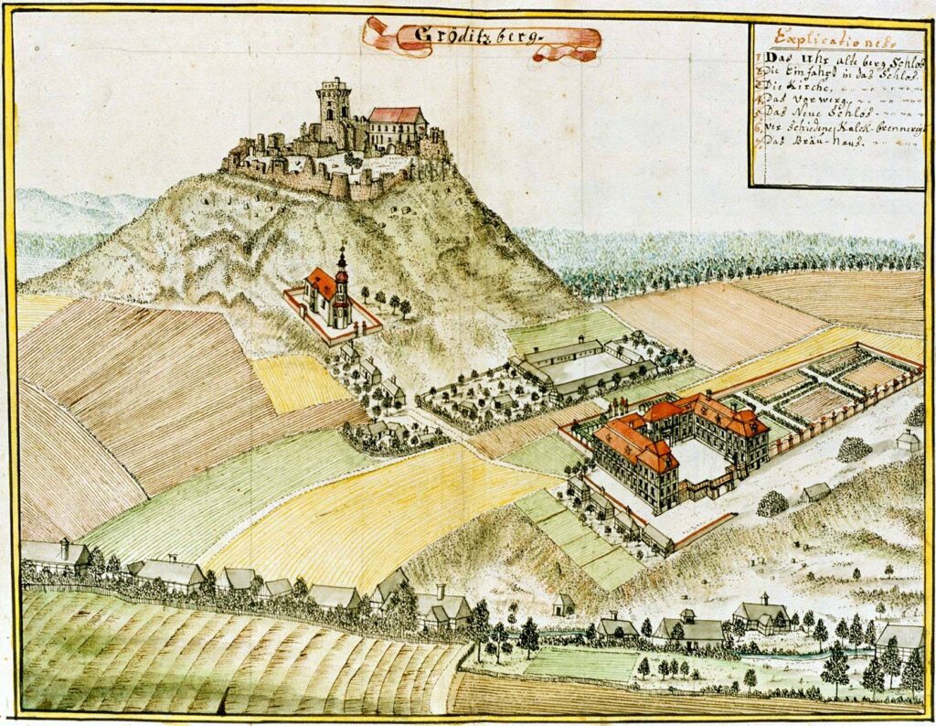 ZAMEK GRODZIEC, grafika autorstwa Wernera (fot. A. Boguszewicz, Katalog Zamków i Dworów Obronnych Śląska [https://zamki.pwr.edu.pl/]. Licencja: CC BY-NC 4.0 [https://creativecommons.org/licenses/by-nc/4.0/])