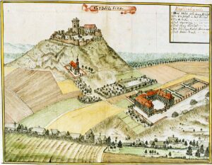 ZAMEK GRODZIEC, grafika autorstwa Wernera (fot. A. Boguszewicz, Katalog Zamków i Dworów Obronnych Śląska [https://zamki.pwr.edu.pl/]. Licencja: CC BY-NC 4.0 [https://creativecommons.org/licenses/by-nc/4.0/])