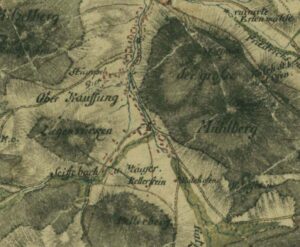 WOJCIESZÓW, pałac Lest, przedstawienie majątku Lest-Kauffung na mapie Reglera schematyczne, ale wskazujące, że istniały dwa mury okalające, wewnętrzny z narożnymi „akcentami” oraz zewnętrzny