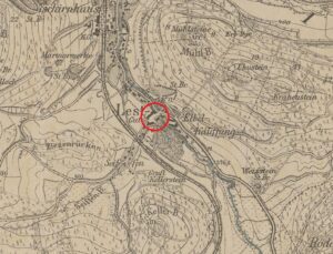 WOJCIESZÓW, pałac Lest, fragment mapy Messtischblatt z lokalizacją obiektu (oprac. P. Błoniewski, Katalog Zamków i Dworów Obronnych Śląska [https://zamki.pwr.edu.pl/]. Licencja: CC BY-NC 4.0 [https://creativecommons.org/licenses/by-nc/4.0/])