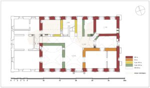 BRONÓW, plan dworu z rozwarstwieniem chronologicznym ścian: 1 – mury z XIV w., 2 – mury z XV w., 3 – mury z 1 poł. XVI w., 4 – mury z 2 poł. XVI – 1 poł. XVII w., 5 – mury z XIX-XX w. (oprac. P. Błoniewski, M. Chorowska)