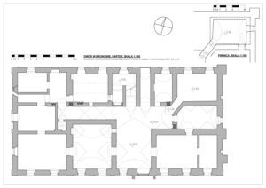 BRONÓW, Inwentaryzacja parteru pałacu na podstawie Inwentaryzacji budowlanej, Droń, Kryśpiak, Gołembiewski (2003) - rysunek w zbiorach archiwum WKZ o. Wałbrzych, nr inw. 5104, ze zmianami i uzupełnieniami (opracowanie Piotr Błoniewski)