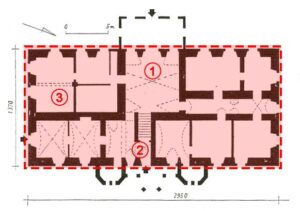 WOJCIESZÓW, pałac Niemitz, rzut parteru z zaznaczoną (1) szeroką sienią przechodzącą w (2) wąski przechód, pierwotnie front był tam gdzie sień i wychodził na dziedziniec folwarczny, a tył tam gdzie przechód i wychodził na drogę. Prawdopodobnie podczas przebudowy w 1863-64 roku nastąpiło odwrócenie front ku drodze i wzmocnienie osi wejścia w postaci basztek. Przypuszczalnie (3) duża sala zlokalizowana na lewo od sieni z jednym filarem na środku mogła być kuchnią - z kominem butelkowym, usuniętym w trakcie przebudowy, oprac. A. Walkowska