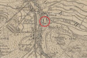 WOJCIESZÓW, pałac Stöckel, fragment mapy Messtischblatt z lokalizacją obiektu (oprac. P. Błoniewski, Katalog Zamków i Dworów Obronnych Śląska [https://zamki.pwr.edu.pl/]. Licencja: CC BY-NC 4.0 [https://creativecommons.org/licenses/by-nc/4.0/])