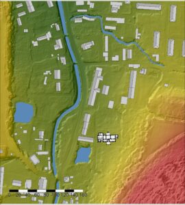 WOJCIESZÓW, pałac Stöckel na numerycznym modelu terenu (oprac. P. Błoniewski, Katalog Zamków i Dworów Obronnych Śląska [https://zamki.pwr.edu.pl/]. Licencja: CC BY-NC 4.0 [https://creativecommons.org/licenses/by-nc/4.0/])