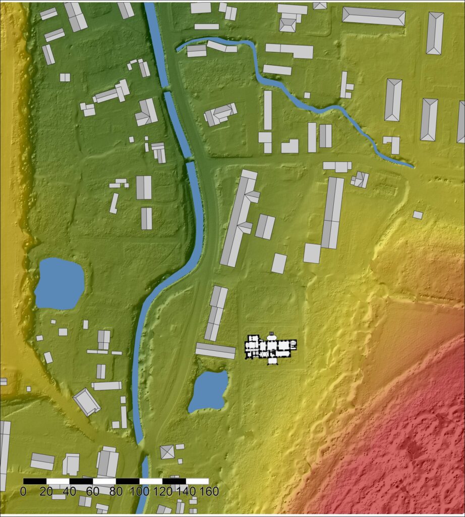WOJCIESZÓW, pałac Stöckel na numerycznym modelu terenu (oprac. P. Błoniewski, Katalog Zamków i Dworów Obronnych Śląska [https://zamki.pwr.edu.pl/]. Licencja: CC BY-NC 4.0 [https://creativecommons.org/licenses/by-nc/4.0/])