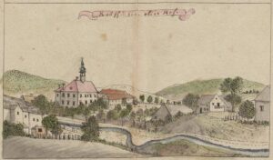 WOJCIESZÓW, pałac Stöckel, panorama górnej części Wojcieszowa, widoczny południowo-zachodni narożnik renesansowego dworu; źródło: Werner Friedrich Bernhard, Topographia Silesiae, Bd. 5, sygn. T05-0272, wolny dostęp GStA PK, XVII. HA Rep. 135, No. 526/5 (Bildnummer 00000505).