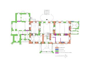 WOJCIESZÓW, pałac Stöckel, rzut parteru, badania architektoniczne, rozwarstwienie chronologiczne, oprac. A. Walkowska