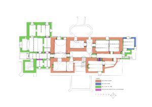 WOJCIESZÓW, pałac Stöckel, rzut piwnic, badania architektoniczne, rozwarstwienie chronologiczne oprac. A. Walkowska
