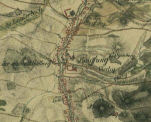 WOJCIESZÓW, pałac Mittel, przedstawienie majątku Mittel-Kauffung na mapie Reglera schematyczne, ale wskazujące, że istniały dwa mury okalające, wewnętrzny z narożnymi „akcentami” oraz zewnętrzny