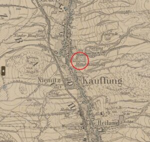 WOJCIESZÓW, pałac Mittel, fragment mapy Messtischblatt z lokalizacją obiektu (oprac. P. Błoniewski, Katalog Zamków i Dworów Obronnych Śląska [https://zamki.pwr.edu.pl/]. Licencja: CC BY-NC 4.0 [https://creativecommons.org/licenses/by-nc/4.0/])