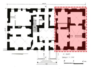 WOJCIESZÓW, pałac Mittel, rzut parteru z zaznaczona częścią podpiwniczoną, prawdopodobnie średniowieczną