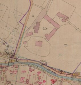 WOJCIESZÓW, pałac Nieder, przedstawienie majątku Nieder-Kauffung na mapie regulacji rzeki Kaczawy