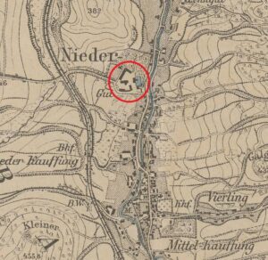 WOJCIESZÓW, pałac Nieder, fragment mapy Messtischblatt z lokalizacją obiektu (oprac. P. Błoniewski, Katalog Zamków i Dworów Obronnych Śląska [https://zamki.pwr.edu.pl/]. Licencja: CC BY-NC 4.0 [https://creativecommons.org/licenses/by-nc/4.0/])