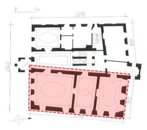 WOJCIESZÓW, pałac Nieder, rzut parteru z zaznaczonym pasmem wschodnim, prawdopodobnie powstałym w okresie średniowiecza lub wczesnej nowożytności