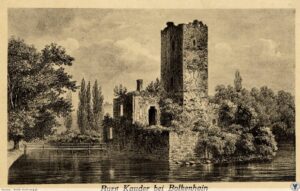 KŁACZYNA, ruina zamku, akwaforta B. Mannfelda wykonana na podst. akwareli z 1870 r., opublikowana w 1891 r. (ze zbiorów P. Siemki)