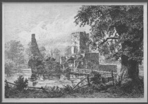 KŁACZYNA, ruina zamku, akwaforta B. Mannfelda wykonana na podst. akwareli z 1870 r., opublikowana w 1891 r. (ze zbiorów P. Siemki)