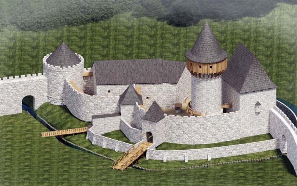 ekonstrukcja zamku średniowiecznego autorstwa zespołu: Darya Biaketava, Paweł Kultys, Adrian Włodarczyk pod kierownictwem Rolanda Mruczka (2021/22: Wydział Architektury Politechniki Wrocławskiej, Katalog Zamków i Dworów Obronnych Śląska [https://zamki.pwr.edu.pl/]. Licencja: CC BY-NC 4.0 [https://creativecommons.org/licenses/by-nc/4.0/])