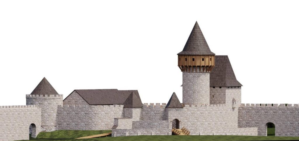 ekonstrukcja zamku średniowiecznego autorstwa zespołu: Darya Biaketava, Paweł Kultys, Adrian Włodarczyk pod kierownictwem Rolanda Mruczka (2021/22: Wydział Architektury Politechniki Wrocławskiej, Katalog Zamków i Dworów Obronnych Śląska [https://zamki.pwr.edu.pl/]. Licencja: CC BY-NC 4.0 [https://creativecommons.org/licenses/by-nc/4.0/])
