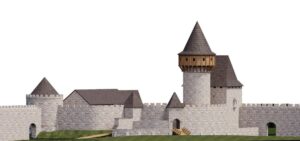 ekonstrukcja zamku średniowiecznego autorstwa zespołu: Darya Biaketava, Paweł Kultys, Adrian Włodarczyk pod kierownictwem Rolanda Mruczka (2021/22: Wydział Architektury Politechniki Wrocławskiej, Katalog Zamków i Dworów Obronnych Śląska [https://zamki.pwr.edu.pl/]. Licencja: CC BY-NC 4.0 [https://creativecommons.org/licenses/by-nc/4.0/])