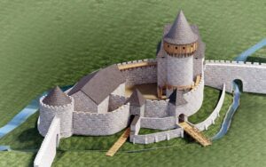 Rekonstrukcja zamku średniowiecznego autorstwa zespołu: Darya Biaketava, Paweł Kultys, Adrian Włodarczyk pod kierownictwem Rolanda Mruczka (2021/22: Wydział Architektury Politechniki Wrocławskiej, Katalog Zamków i Dworów Obronnych Śląska [https://zamki.pwr.edu.pl/]. Licencja: CC BY-NC 4.0 [https://creativecommons.org/licenses/by-nc/4.0/])