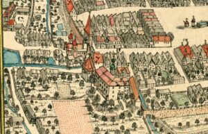 Chojnów. Zamek książąt legnicko-brzeskich (2) po przebudowie na potrzeby kaplicy Panny Marii z lat 1708-1711 (z wieżyczką), zniszczonej przez pożar w 1762 r., widoczny na rysunku F. B. Wernhera z 1749 r.. Zwraca uwagę Brama Bolesławiecka (Górna) (6) i Młyn zamkowy (7) oraz przebieg Młynówki skanalizowanej etapami w 1875 i 1975 r. (za: Wernher F.B., 1740-1768)