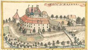 Chojnów. Zamek książąt legnicko-brzeskich po przebudowie na potrzeby kaplicy Panny Marii z lat 1708-1711, zniszczonej przez pożar w 1762 r., widoczny na rysunku F. B. Wernhera, 1740-1768