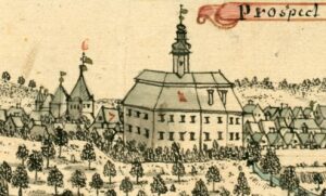 Chojnów. Zamek książąt legnicko-brzeskich po przebudowie na potrzeby kaplicy Panny Marii z lat 1708-1711, zniszczonej przez pożar w 1762 r., widoczny na rysunku F. B. Wernhera, 1740-1768
