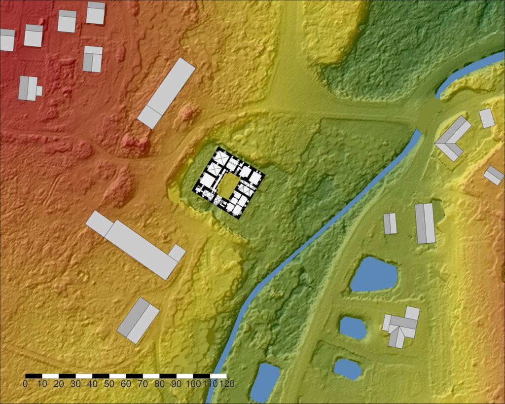 CZARNE, dwór, na numerycznym modelu terenu,(oprac. P. Błoniewski, Katalog Zamków i Dworów Obronnych Śląska [https://zamki.pwr.edu.pl/]. Licencja: CC BY-NC 4.0 [https://creativecommons.org/licenses/by-nc/4.0/])