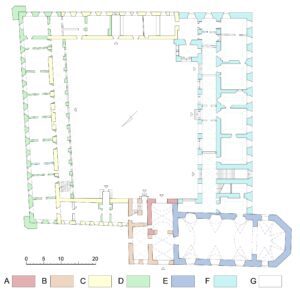 OTYŃ, zespół pałacowo-klasztorny, rzut na przyziemia z chronologicznym rozwarstwieniem murów, (oznaczenia: A - ok. poł. XV w; B - k. XVI w; C - pocz. XVII w; D - ok. 1681 i 1694; E - 1703-5 (kaplica); F - 1703-21 (skrzydło zachodnie); G - XIX i XX w oraz mury nierozpoznane