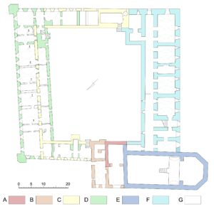 OTYŃ, zespół pałacowo-klasztorny, rzut na piwnic z chronologicznym rozwarstwieniem murów, (oznaczenia: A - ok. poł. XV w; B - k. XVI w; C - pocz. XVII w; D - ok. 1681 i 1694; E - 1703-5 (kaplica); F - 1703-21 (skrzydło zachodnie); G - XIX i XX w oraz mury nierozpoznane